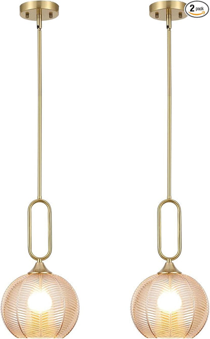 Amber Glass Pendant Light Set of 2 Modern Globe Pendant Lighting Nordic Ribbed Gold Ceiling Hanging Chandelier with Brushed Brass Adjustable Rods Dining Room Kitchen Island Light Fixture