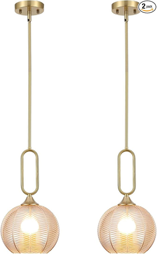 Amber Glass Pendant Light Set of 2 Modern Globe Pendant Lighting Nordic Ribbed Gold Ceiling Hanging Chandelier with Brushed Brass Adjustable Rods Dining Room Kitchen Island Light Fixture