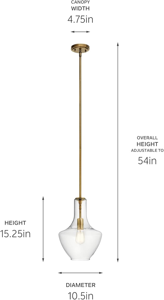 Kichler Everly Single Light Bell Pendant Light Fixture with Clear Glass in Natural Brass for Kitchen Island, Dining Room, or Home Bar (15.25" x 10.5"), 42456NBR