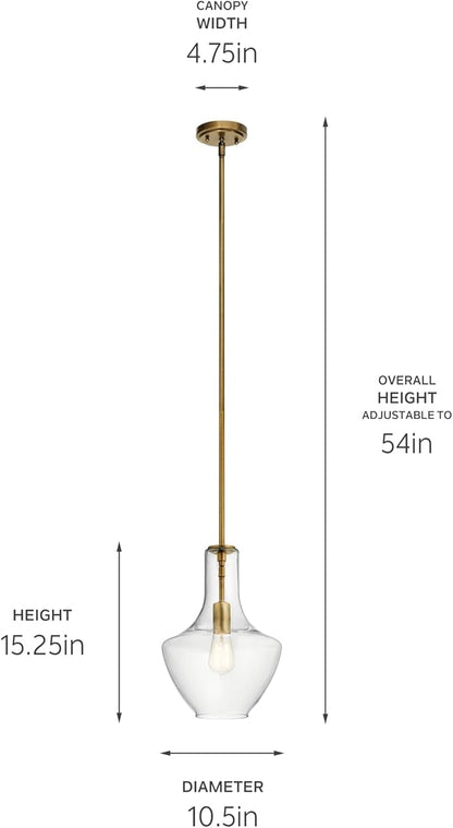 Kichler Everly Single Light Bell Pendant Light Fixture with Clear Glass in Natural Brass for Kitchen Island, Dining Room, or Home Bar (15.25" x 10.5"), 42456NBR
