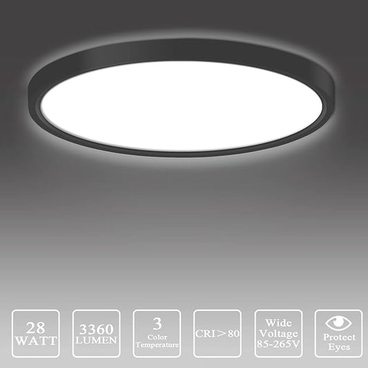 Flush Mount Ceiling Light, 12 Inch Round Black Modern LED Ceiling Light, 28W 3000K/4500K/6500K Switchable, Bedroom, Kitchen, Living Room, Dining Room