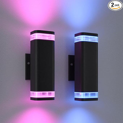 Smart WiFi Outdoor Wall Sconce Lights 2 Pack,Porch Lights RGB Color Changing App Control, Dimmable White Range of 2700K-6500K Up Down Exterior Wall Lights for House,Works with Alexa Google Assistant