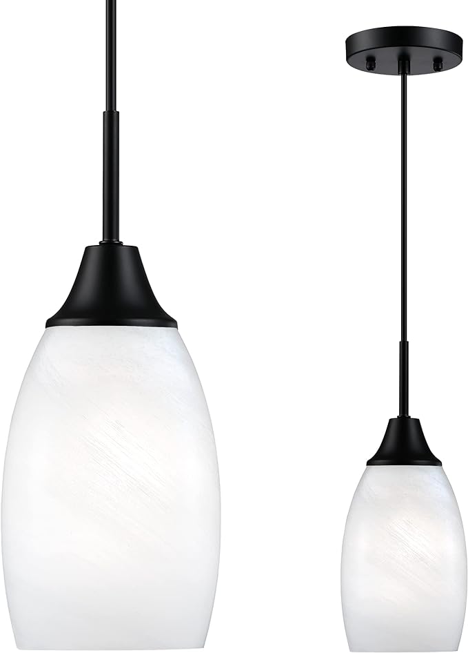 Viinew Mini Glass Pendant Light,1-Light Handblown White Oval Art Glass Hanging Pendant Light for Kitchen Island,Dining Room,Living,Foyer,Hallway, Entry Matte Black Metal