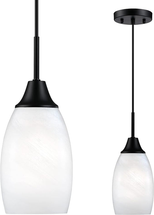 Viinew Mini Glass Pendant Light,1-Light Handblown White Oval Art Glass Hanging Pendant Light for Kitchen Island,Dining Room,Living,Foyer,Hallway, Entry Matte Black Metal