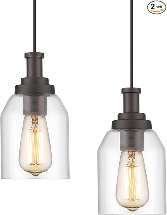 zeyu 2 Pack Farmhouse Pendant Light Fixtures, Industrial Hanging Light for Kitchen Island, Clear Glass Shade, Oil Rubbed Bronze Finish, ZG33M1L-2 ORB