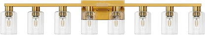 8 Light Bathroom Vanity Light Gold Bathroom Light Fixtures Brass Vanity Lights for Bathrrom 46 in Large Wall Sconce Brush Gold with Clear Glass Shade for Living Room