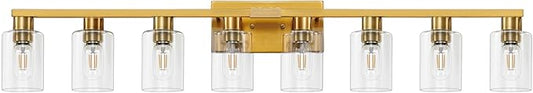 8 Light Bathroom Vanity Light Gold Bathroom Light Fixtures Brass Vanity Lights for Bathrrom 46 in Large Wall Sconce Brush Gold with Clear Glass Shade for Living Room