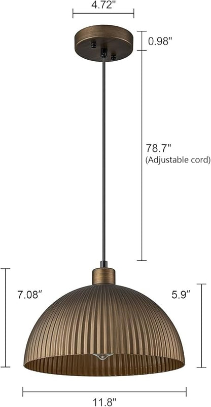 Lingkai Vintage Antique Brass Dome Pendant Light, 11.8'' Pendant Lights Kitchen Island, Hanging Ceiling Light Striped Metal Shade