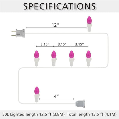 Christmas Pink Mini String Lights-50 Count 13 Feet Detachable LED Glass C3 Bulb Waterproof Fairy Lights Plug in for Indoor Outdoor Party Patio Xmas Tree Valentine’s Day White Wire