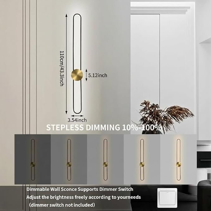 Modern Wall Sconce Dimmable 3000K/4000K/6000K LED Wall Light Fixture, Hardwired Wall Lamp for Living Room, Dining Room, Bedroom, Hallway, Lobby, Entryway (Brushed Black, 43.3inch/H110cm)