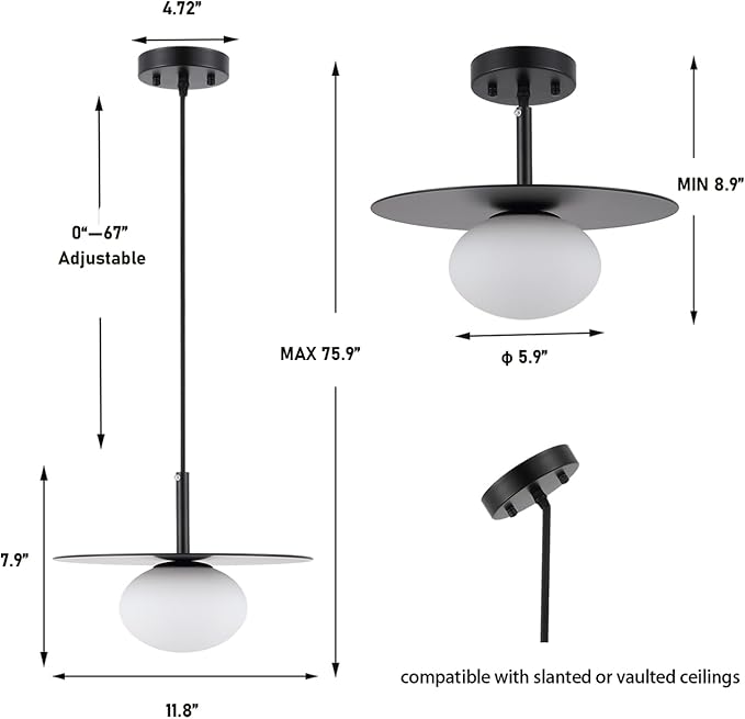 BYOLIIMA Modern Globe Pendant Lighting Set of 2 Milky White Glass Shade Matte Black Farmhouse Pendant Light 11.81" Dome Industrial Hanging Ceiling Light Fixture Kitchen Island Dinning Room Bedroom
