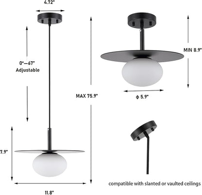 BYOLIIMA Modern Globe Pendant Lighting Set of 2 Milky White Glass Shade Matte Black Farmhouse Pendant Light 11.81" Dome Industrial Hanging Ceiling Light Fixture Kitchen Island Dinning Room Bedroom