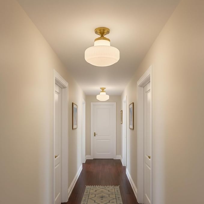 White Glass Semi Flush Mount Ceiling Light, Mid Century Modern Gold Ceiling Lamp Farmhouse Close to Ceiling Light Fixture for Bedroom Kitchen Entryway Hallway