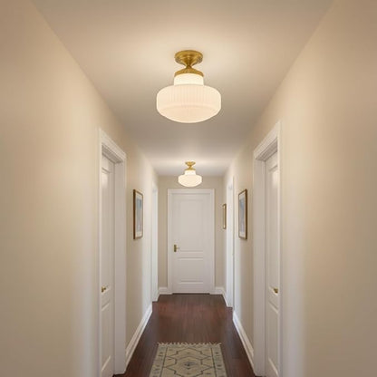 White Glass Semi Flush Mount Ceiling Light, Mid Century Modern Gold Ceiling Lamp Farmhouse Close to Ceiling Light Fixture for Bedroom Kitchen Entryway Hallway