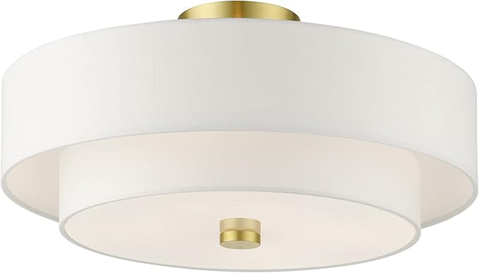 Livex Lighting 51045-12 Meridian Collection 4-Light Semi Flush Mount Ceiling Light with Off-White Hardback Fabric Shade, Satin Brass, 18 x 18 x 9
