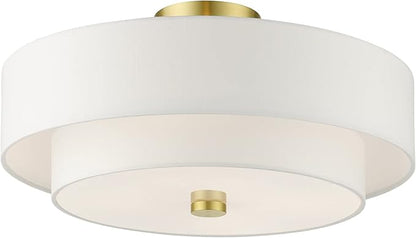 Livex Lighting 51045-12 Meridian Collection 4-Light Semi Flush Mount Ceiling Light with Off-White Hardback Fabric Shade, Satin Brass, 18 x 18 x 9