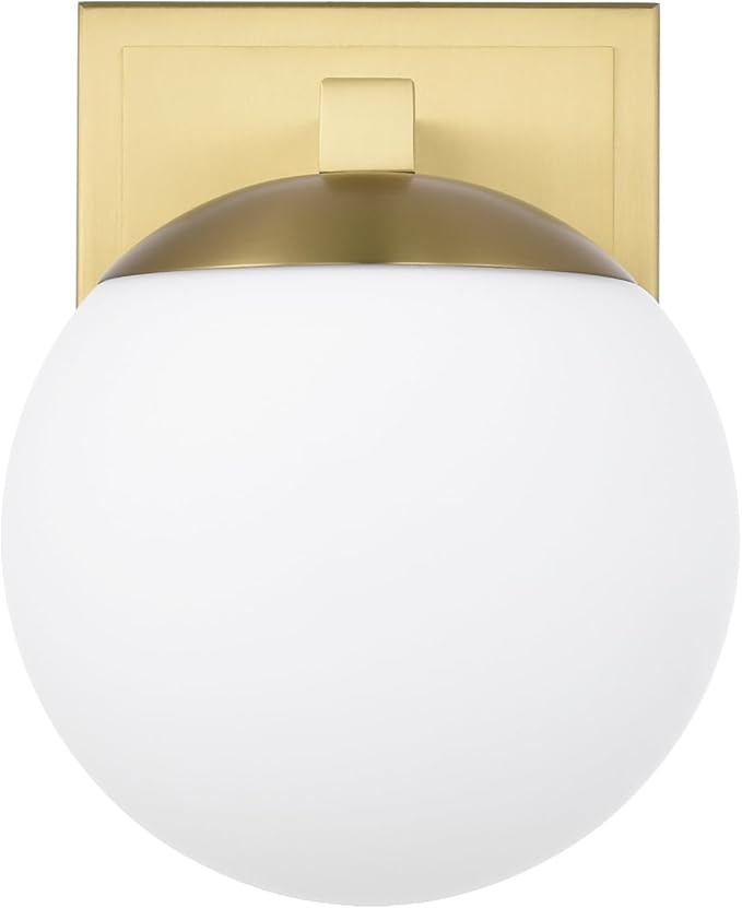 Aged Brass Wall Sconce Light, Modern Sconces Wall Lighting, 1 Light Globe Bathroom Vanity Lighting with Opal Glass Shade, Wall Light for Bedroom Bathroom Living Room Entryway Hallway