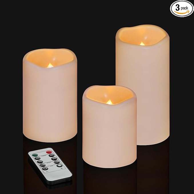 Flameless Candles 4" 5" 6" Set of 3 Ivory Outdoor Indoor Pillars 3" Diameter Battery Operated Flickering Candles Include 10-Key Remote Timer Function 400+ Hours Requires 2 AA Batteries（3 Pack)