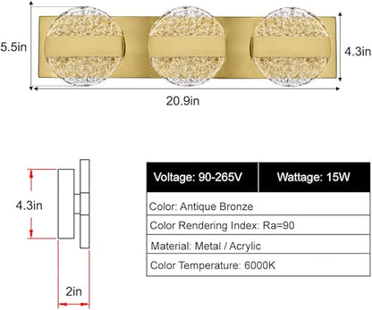 Luxury Brushed Gold Bathroom Vanity Light with High CRI 90+ LED for True Colors, 15W 6000K Cool White Modern Bathroom Lights Fixture Over Mirror for Makeup & Shaving