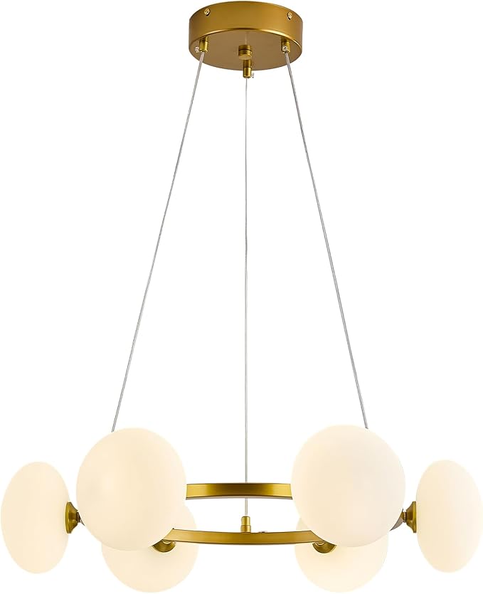 Modern Gold Chandelier, Mid Century Wagon Wheel Chandelier, 6-Light Globe Dining Room Light Fixture with Milk Glass Shades