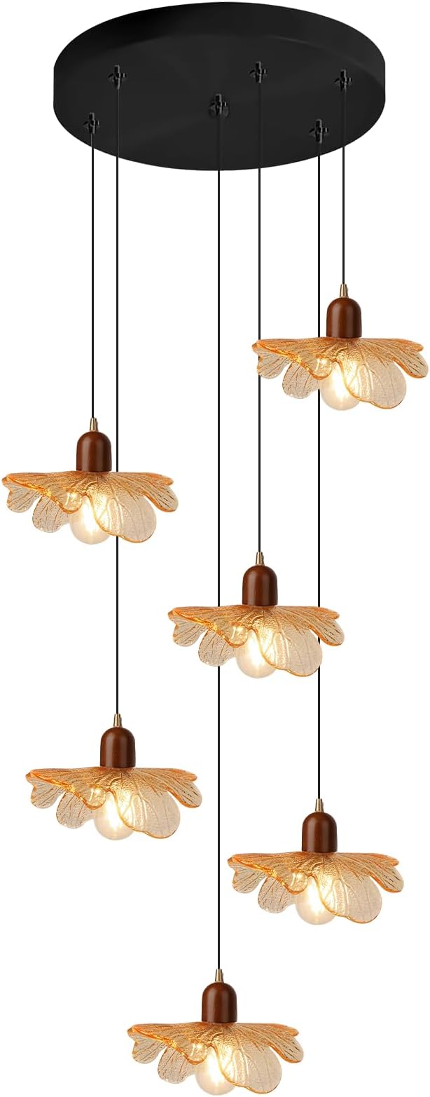 Modern Large Foyer Chandelier High Ceiling Light Fixture, 6-Lights Pendant Light Amber Glass Shade Solid Wood Decor Adjustable Black Hanging Ceiling Lamp for Living Room Bedroom Entryway