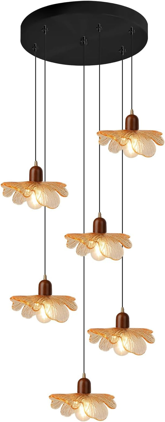 Modern Large Foyer Chandelier High Ceiling Light Fixture, 6-Lights Pendant Light Amber Glass Shade Solid Wood Decor Adjustable Black Hanging Ceiling Lamp for Living Room Bedroom Entryway
