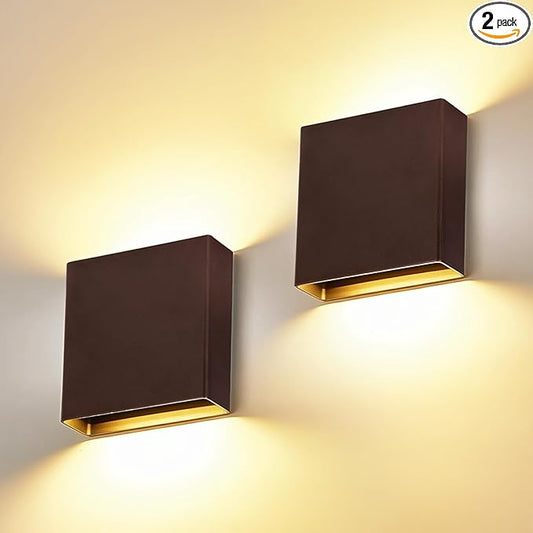 2 Pack Indoor Outdoor Brown Up and Down LED Wall Light, Modern Bedroom/Porch Wall Lamp, IP65 Waterproof, 5%-100% Dimmable 18W 1620lm, 5CCT (2700K-5000K), CRI 90+, 120V-277V, ETL FCC Certified