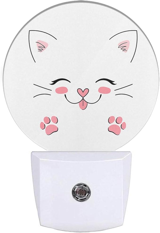 EKOBLA Happy Cat Plug-in Night Light, Cute Kitten with Pink Paw LED Nightlight with Sensor for Bathroom Decor