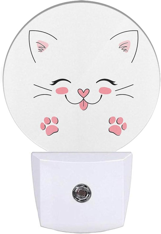EKOBLA Happy Cat Plug-in Night Light, Cute Kitten with Pink Paw LED Nightlight with Sensor for Bathroom Decor