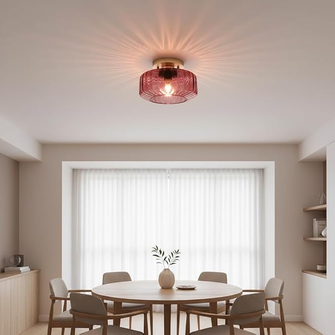 8.66" Low-Profile Purple Glass Flush Mount Ceiling Light, Gold Metal 1-Light Fixture, Easy Install Semi-Flush Ceiling Lamp for Small Bedrooms, Bathrooms, Closets
