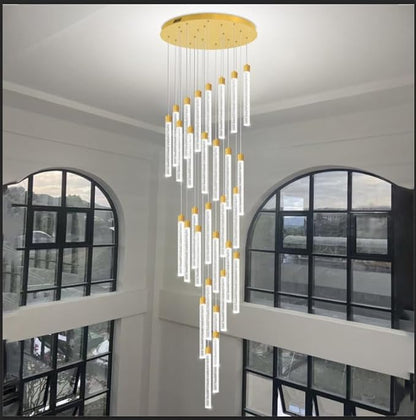 177'' Long Crystal Column Chandelier Gold 30-Lights Extra Large High Ceiling Chandelier Dimmable Pendant Lighting Staircase Foyer Entryway Light Source is Replaceable