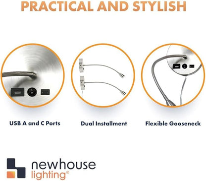 Newhouse Lighting 4.5 in. W x 15 in. H Selene Gooseneck Reading Light in Brushed Steel with USB-A and USB-C Charging Ports NHRL-SE-SLV, Bedside Lamp for Nightstands, Space-Saving Office Desk Accessory