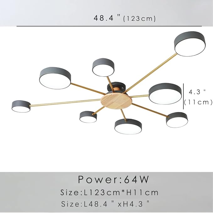 8-Lights LED Ceiling Light Fixture,48 Inch Modern Ceiling Lights Flush Mount Wooden 64W Dimmable Chandelier for Living Room Bedroom Kitchen,3000K/4000K/6000K Temperatures Selectable Grey