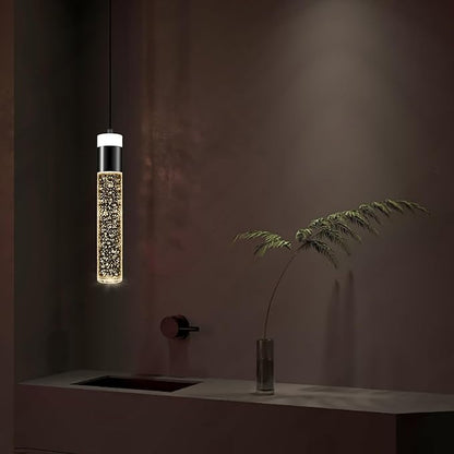 Modern Mini Crystal Pendant Light for Kitchen Island Bedroom Bedside Hanging Ceiling Lamp with Crystal Bubble Column, LED Dimmable 3000k-6000k Independent 1-Light Black