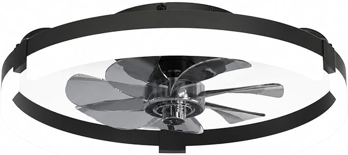 23" Low Profile Ceiling Fan with Lights and Remote, Modern Black Flush Mount Bladeless Ceiling Fan, App Control Smart Fandelier, 6 Speeds Reversible Motor, Dimmable LED Fan Light for Bedroom, Kitchen