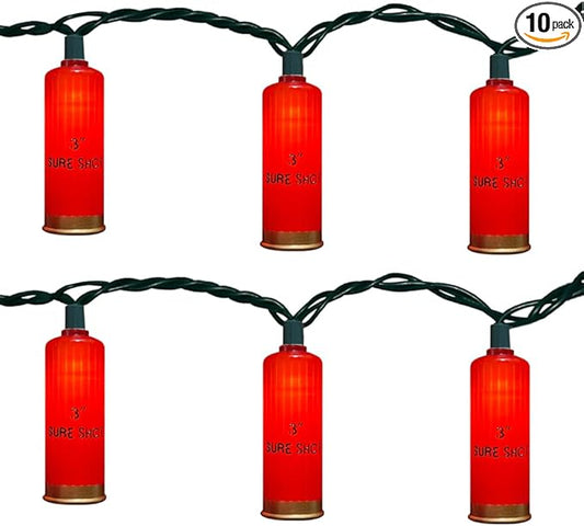 8.5FT LED Shotgun Shell String Lights with 10 Red Novelty 3D Bullets Holiday Decor for Christmas,Mexican Fiesta,Summer Parties,Indoor/Outdoor Patio Decor (Green Wire)