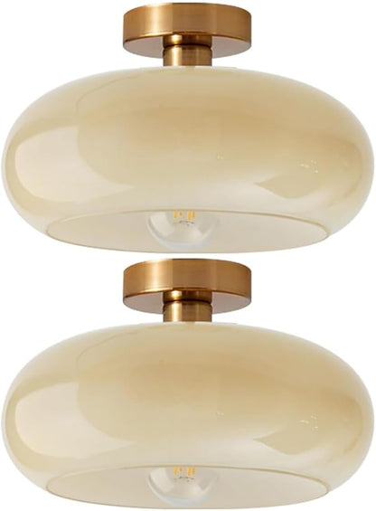 Gold Brass Flush Mount Ceiling Light Fixtures Mid Century Modern Ceiling Lights Brushed Milk Yellow Shade Glass Semi Flush Mount Light for Farmhouse Hallway Kitchen Sink Ceiling Lamp