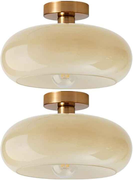 Gold Brass Flush Mount Ceiling Light Fixtures Mid Century Modern Ceiling Lights Brushed Milk Yellow Shade Glass Semi Flush Mount Light for Farmhouse Hallway Kitchen Sink Ceiling Lamp