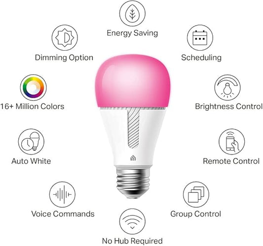 Kasa Smart Bulb, 1000 Lumens Full Color Changing Dimmable Smart WiFi Light Bulb Compatible with Alexa and Google Home, 11W, A19, 2.4Ghz only, No Hub Required (KL135P2), 2-Pack,White