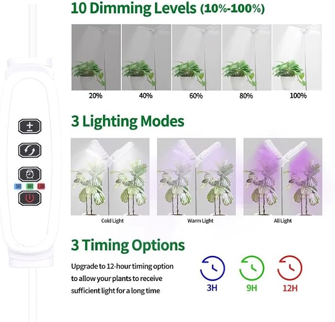 Grow Lights for Indoor Plants, 240 LEDs Full Spectrum Plant Light with Folding Wings, 3/9/12H Auto Timer, 10 Dimmable Levels, 3 Lighting Modes, Height Adjustable for Tall Large Plants, Vegetables