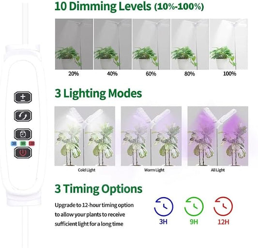 Grow Lights for Indoor Plants, 240 LEDs Full Spectrum Plant Light with Folding Wings, 3/9/12H Auto Timer, 10 Dimmable Levels, 3 Lighting Modes, Height Adjustable for Tall Large Plants, Vegetables