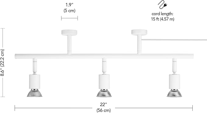Globe Electric Plug-in Track Lighting, 3-Light Adjustable Track Bar, Matte White 22-Inch Fixture with 15-Foot Cord, Modern Ceiling Light for Apartments & Rentals