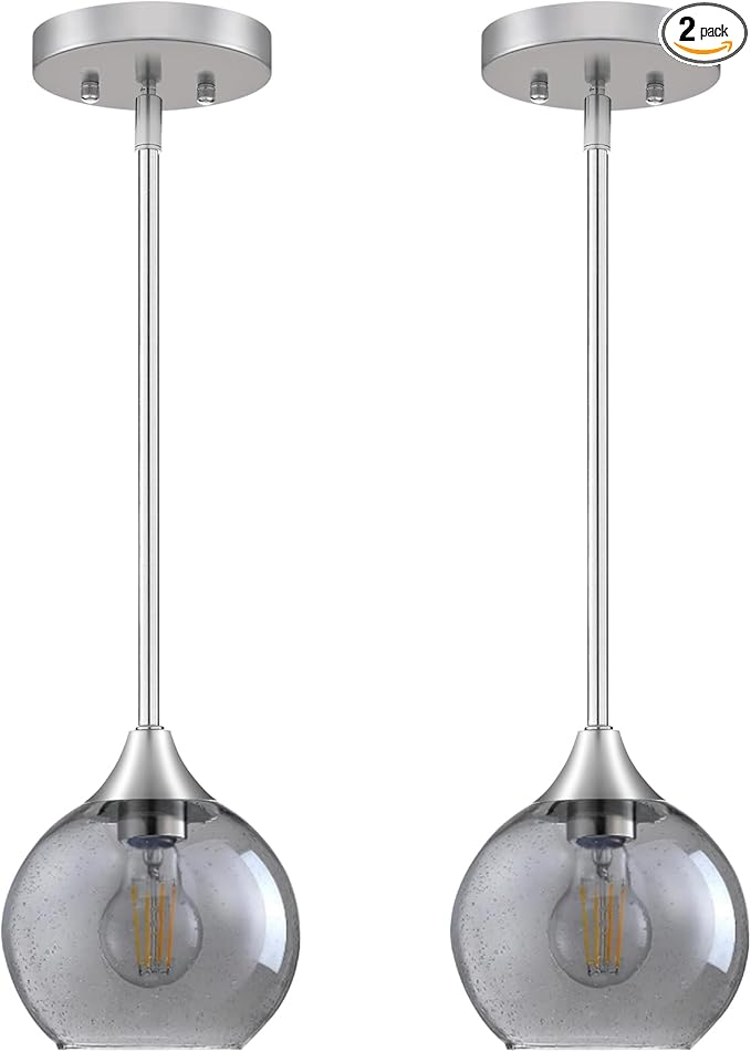 Pendant Lights Kitchen Island 2 Pack, Grey Seeded Glass Pendant Light Fixtures & Adjustable Rods, Brushed Nickel Kitchen Island Lighting, Modern Island Lights for Kitchen Dining Room E26 Base