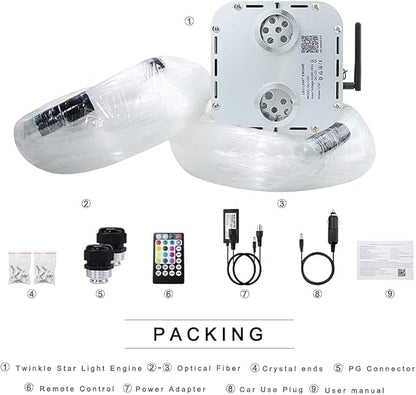 AKEPO 32W RGBW Twinkle+ Sound Activated+APP Dual Head Fiber Optic Lights Kit Star Ceiling Sky Light 16.4ft/5m Total 1330pcs of Mixed Fibers 0.75+1+1.5mm for Home Indoor Decor/Car Headliner Starlight