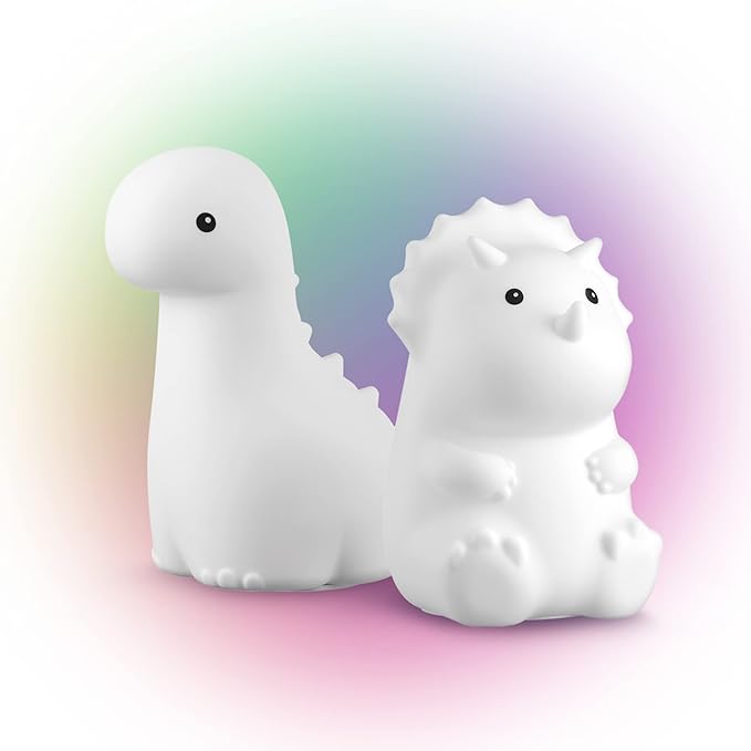 GLOBE Electric 13360 6" Triceratops and 9" Brontosaurus Giggling Dinosaur Duo Multicolor Changing Integrated LED Rechargeable Silicone Night Light, White, Table Lamps for Living Room, Bedroom, Den