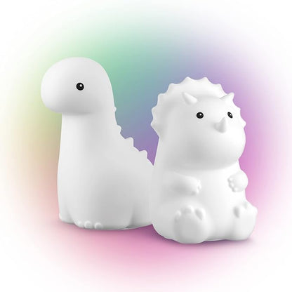 GLOBE Electric 13360 6" Triceratops and 9" Brontosaurus Giggling Dinosaur Duo Multicolor Changing Integrated LED Rechargeable Silicone Night Light, White, Table Lamps for Living Room, Bedroom, Den