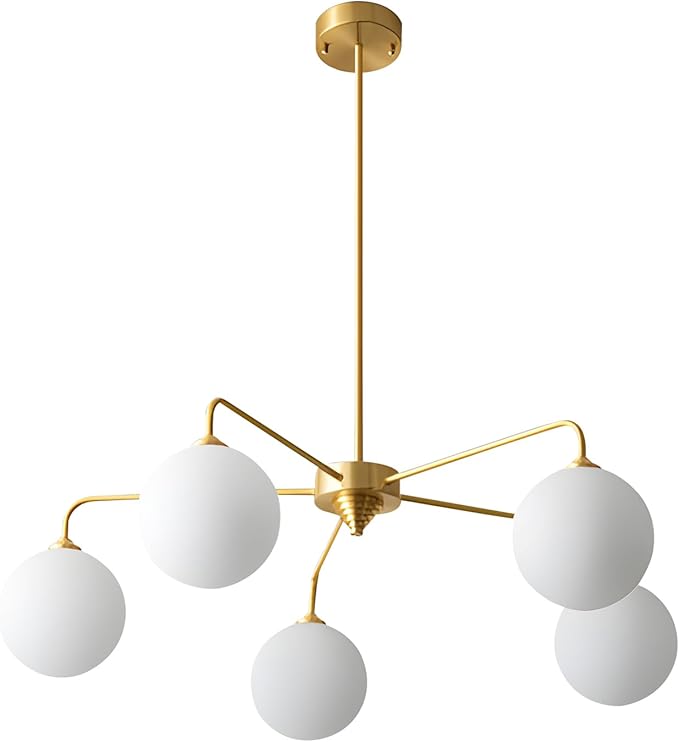 5 Light Modern Brass Chandelier Mid Century Gold Ceiling Light Fixture White Glass Globe Sputnik Chandelier for Dining Room Bedroom Kitchen