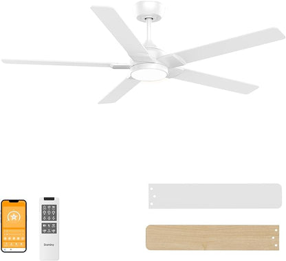 DAMINY 52 inch White Ceiling Fans with Lights,5 Blades,6CCT, Low Profile,Remote Control,for Bedroom, Kitchen,Living Room,Indoor/Outdoor Use,Downrod