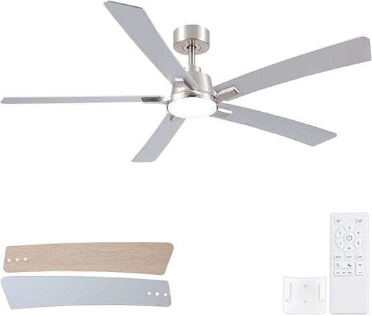 60 Inch Ceiling Fans with Lights and Remote, Brushed Nickel Ceiling Fan, 5 Blades, Modern Design For Indoor Bedroom Living Room/Outdoor, 6 Speed Reversible DC Motor, 3CCT Dimmable LED Includes Downrod