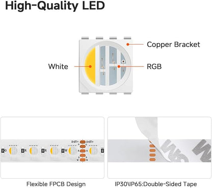 BTF-LIGHTING UL Listed RGBW LED Strip Lights,5050 4 Colors in 1 RGB + 6000K-7000K Cool White,24V DC,16.4ft/5m 96LEDs/m 12mm White PCB, IP30 for Home Decoration(No Adapter or Controller)